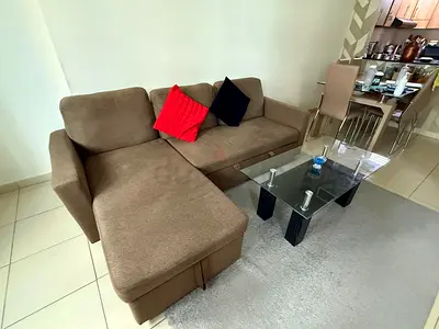 Sofa cum bed with center table and carpet