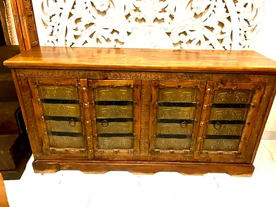 Marina Solid carved wood sideboard with metal panel doors - antique style