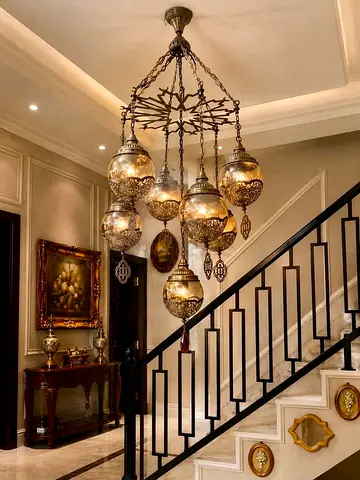 Vintage Moroccan Multi-Globe Hanging Chandelier - Brass & Glass