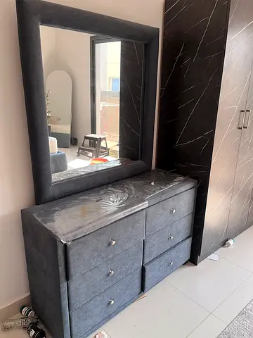 Modern Upholstered Dresser with Matching Large Mirror