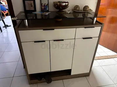 Modern hallway console cabinet with glass top - good condition