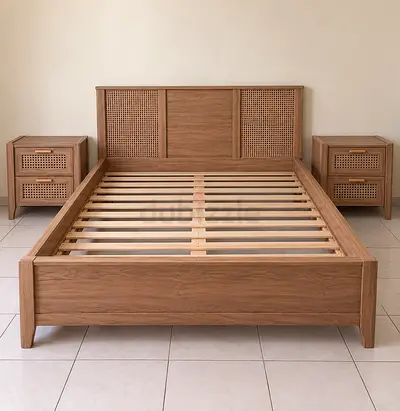 wood  set with cane/rattan details. Includes 1king-size bed 2 side tables, drawer dresser mirror