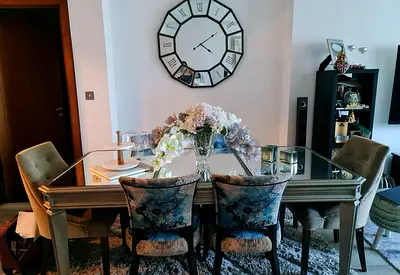 The One Glass-top dining table & Marina Home 6 upholstered chairs - good condition 200cm x 120cm