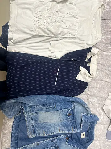 Bundle of 3 women's tops: white tee, striped blouse, denim jacket - size M