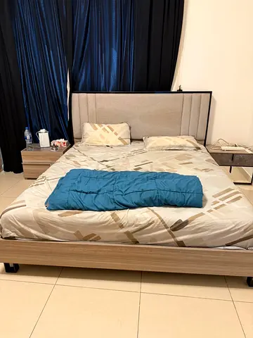 Queen size bed frame with upholstered headboard and Mattress - good condition