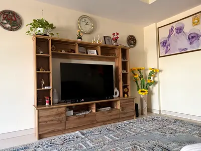 Wooden TV Entertainment Unit with Shelves and Drawers - Good Condition