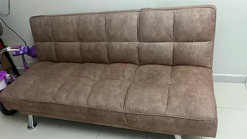 Brown faux-leather convertible sofa bed - compact 3-seater with blue sofa cover