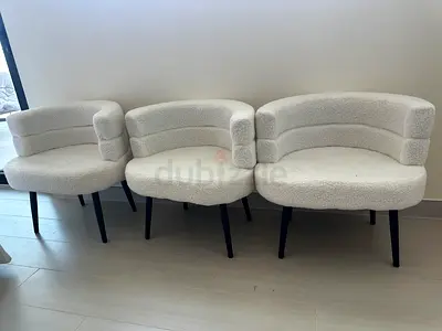 Set of 3 Curved Bouclé Accent Chairs - Cream, New
