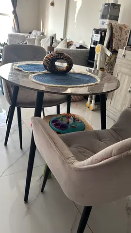 Marble-Top Dining Table with 2 Upholstered Chairs - Good Condition