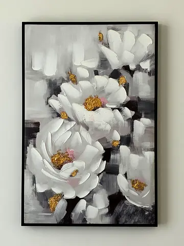 Framed Modern Floral Wall Art Painting - White & Gold Blossoms 90 x 60 cm