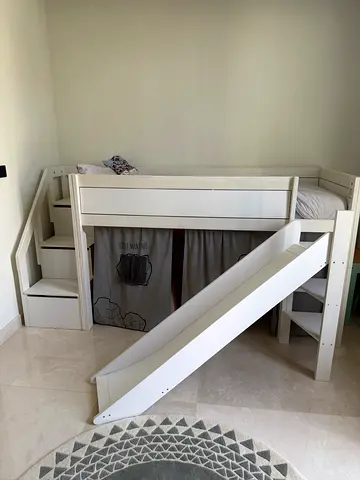 ORIGINAL KUHL HOME White wooden loft bunk bed with slide and storage - good condition. 18kaed