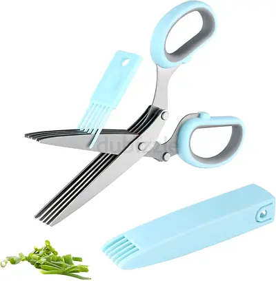 Multi-blade Herb Scissors with Cleaning Comb - Stainless Steel, Light Blue