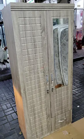 2‑Door Mirror Wardrobe with Drawer — Light Wood Finish