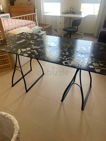 Black Floral Glass Dining Table with Metal Legs - Good Condition