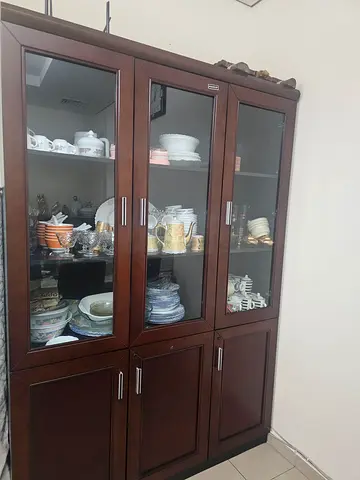 Large Dark Wood Display Cabinet with Glass Doors - Good Condition. Can be used at home or office.