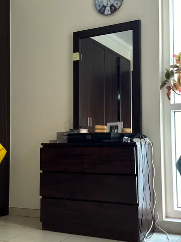 Dark wood dresser with large matching wall mirror - good condition