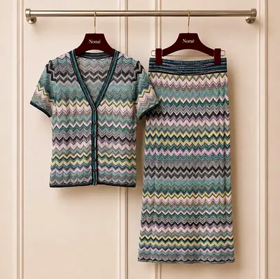 Two-piece knit zigzag top and skirt set - pastel multi-color, size not specified