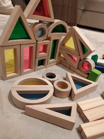 Wooden translucent shape blocks set — colorful educational building toy