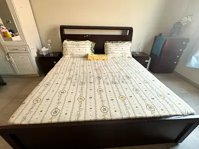 King size wooden bed with mattress - excellent condition and free almirah