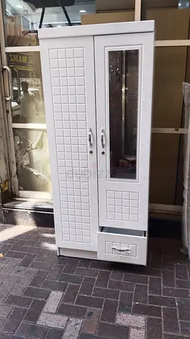 White Wooden Wardrobe with Mirror and Drawer —