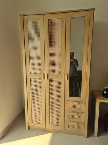 Modern Wooden Wardrobe with Mirror and Woven Detail