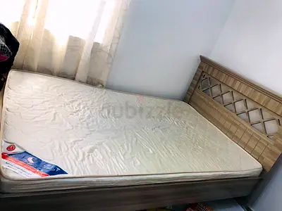 Queen bed frame with mattress - light wood, good condition and standing mirror