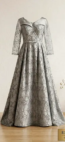 Silver embroidered long-sleeve A-line evening gown