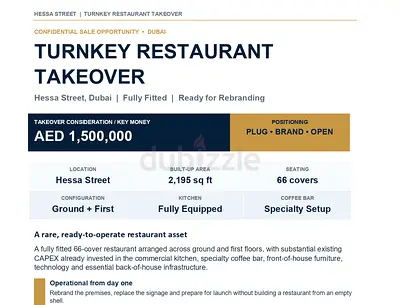 Turnkey restaurant takeover on Hessa Street — fully fitted 2,195 sqft, 66 covers