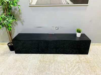 Low black TV cabinet / entertainment unit with storage (3 compartments)