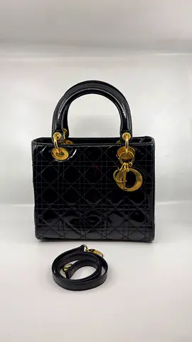 Christian Dior Black Cannage Patent Leather Lady Dior Bag Medium