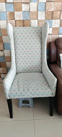 Upholstered Wingback Accent Chair — Light Blue Geometric Pattern