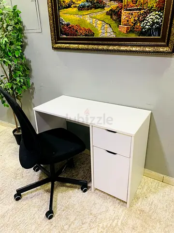 Compact white study desk with drawer and cabinet - good condition