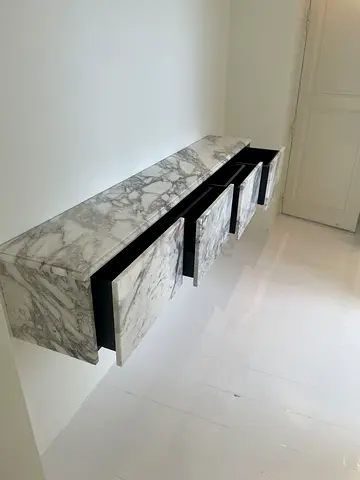 Custom Made Floating Marble TV Console with Black Cabinet, Four Storage Drawers and Elegant Natural
