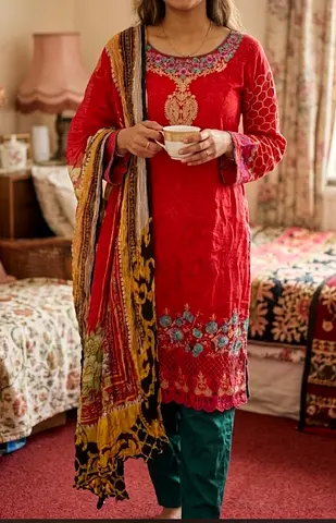 Red lawn chicken kari embroidered Pakistani/kurtis suit with printed dupatta, size approx s