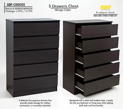 Wenge 5-Drawer Chest - Compact Dresser (L80 x W40 x H123 cm)