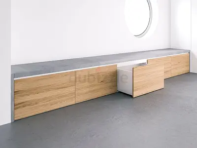 Modern Upholstered Dining Bench with Vertical Panel Backrest, Custom Wood Finish and Spacious Built-