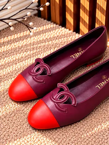 Chanel Burgundy & Red Leather Cap-Toe Ballet Flats, Size Unknown