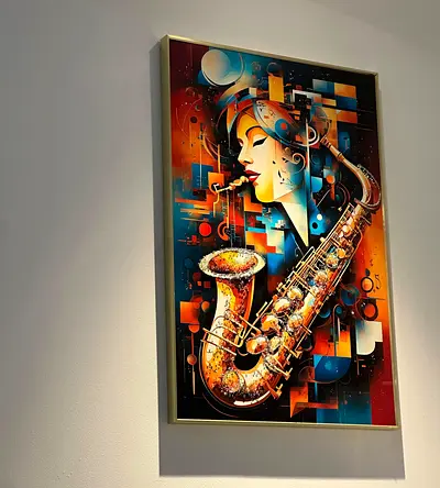 Framed Abstract Musical Painting with Saxophone Art