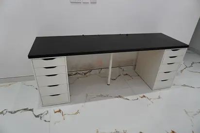 Large Double Pedestal Desk with Black Top and White Drawers