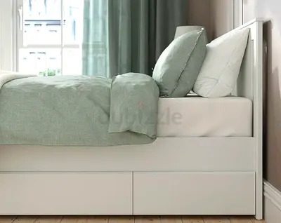 Modern White Bed Frame with Integrated Storage Drawers