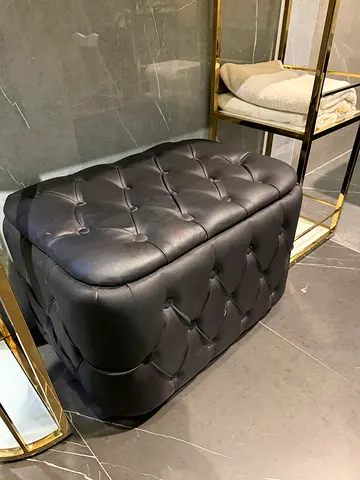 Black Tufted Leather Ottoman / Footstool - Good Condition