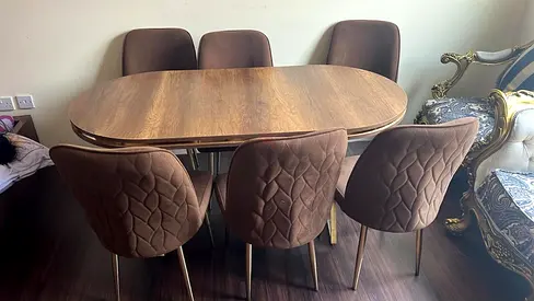 Wooden Dining Table with 6 Upholstered Chairs