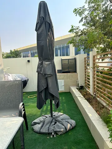 Large Outdoor Patio Umbrella with Base - Dark Grey and hammock