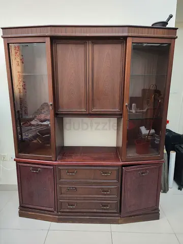 Wooden Entertainment/Display Cabinet with Glass Doors and Drawers