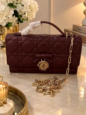 Burgundy Quilted Leather Shoulder Bag with Gold Chain