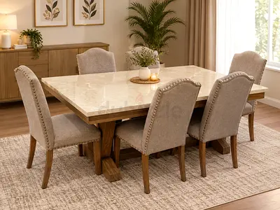 Solid wood dining table with marble top and 6 upholstered chairs