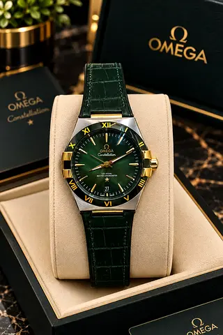 Omega Constellation Men's Watch - Bi‑color Case, Green Dial & Leather Strap