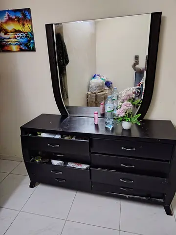 Wooden Dresser with Large Mirror - Dark Finish, 6 Drawers