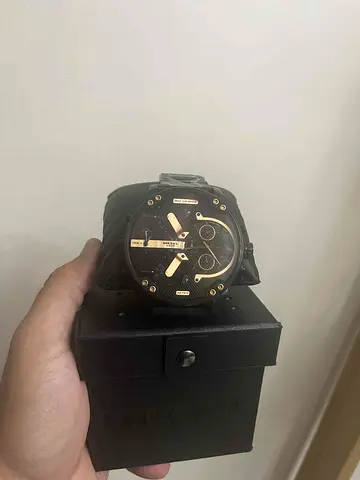 Diesel-style large black men's wristwatch with leather strap