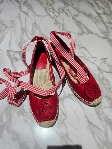 Tory Burch-Original Red leather espadrille wedge sandals with ankle ties, used